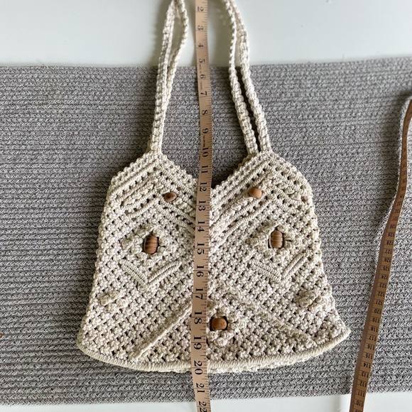 Vintage Ivory Crochet Wood Bead Detail Woven Cotton Lined Satchel Purse Handmade - Picture 5 of 11